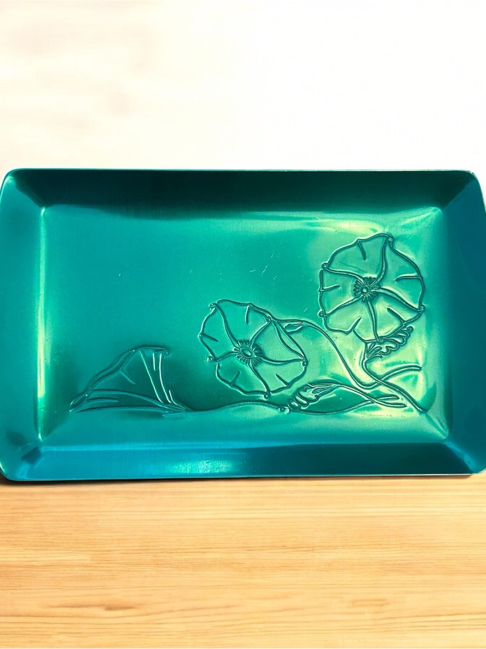 Teal Etched Rectangular Vanity Tray - Vintage Metal Trinket Tray (bottom stamp)